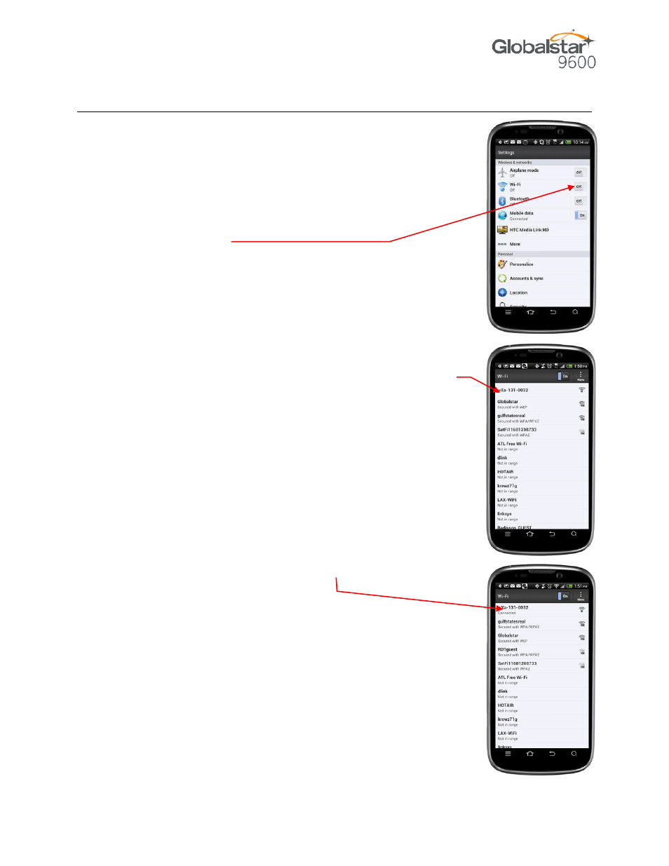 Onnecting to the, Lobalstar, Otspot | Globalstar 9600 User Guide for Android User Manual | Page 12 / 40