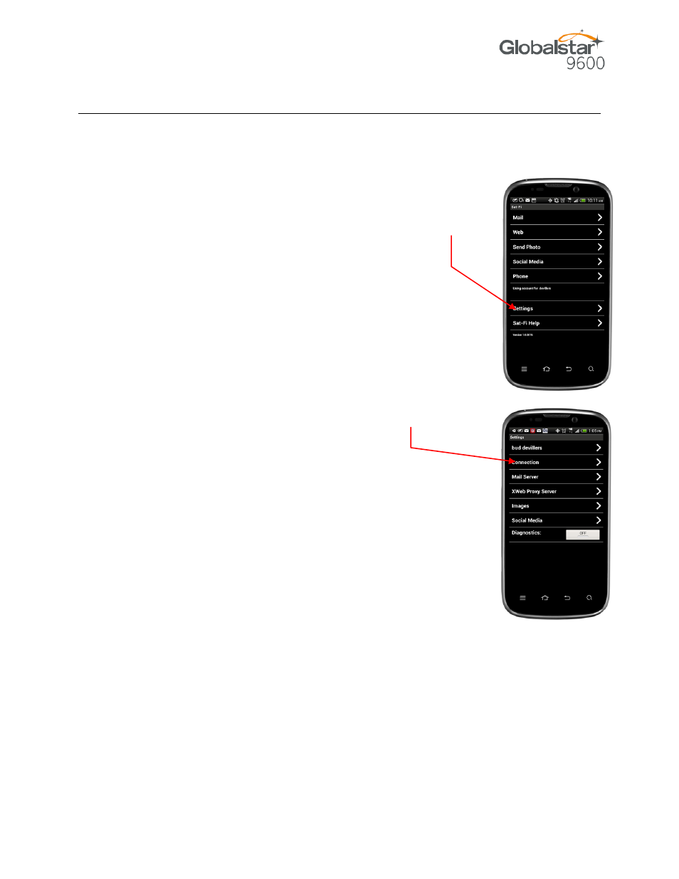 Hanging, Onnection, Ettings | Globalstar 9600 User Guide for Android User Manual | Page 14 / 40