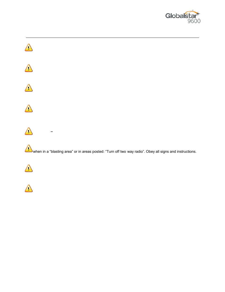 Eneral, Arnings | Globalstar 9600 User Guide for Android User Manual | Page 37 / 40