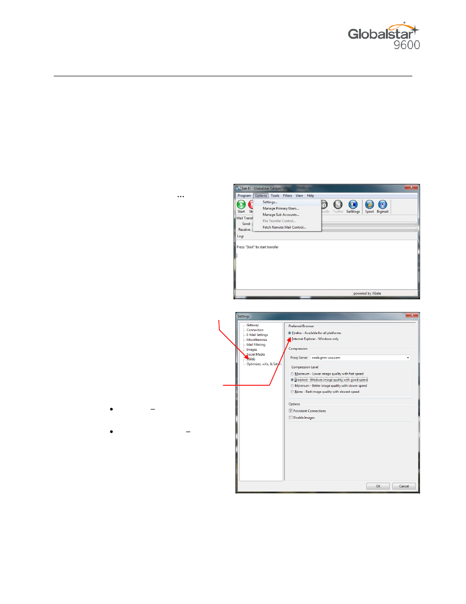 Configuring sat-fi for web browsing, Rowsing with, Ompression | Globalstar 9600 User Guide for Windows User Manual | Page 29 / 31