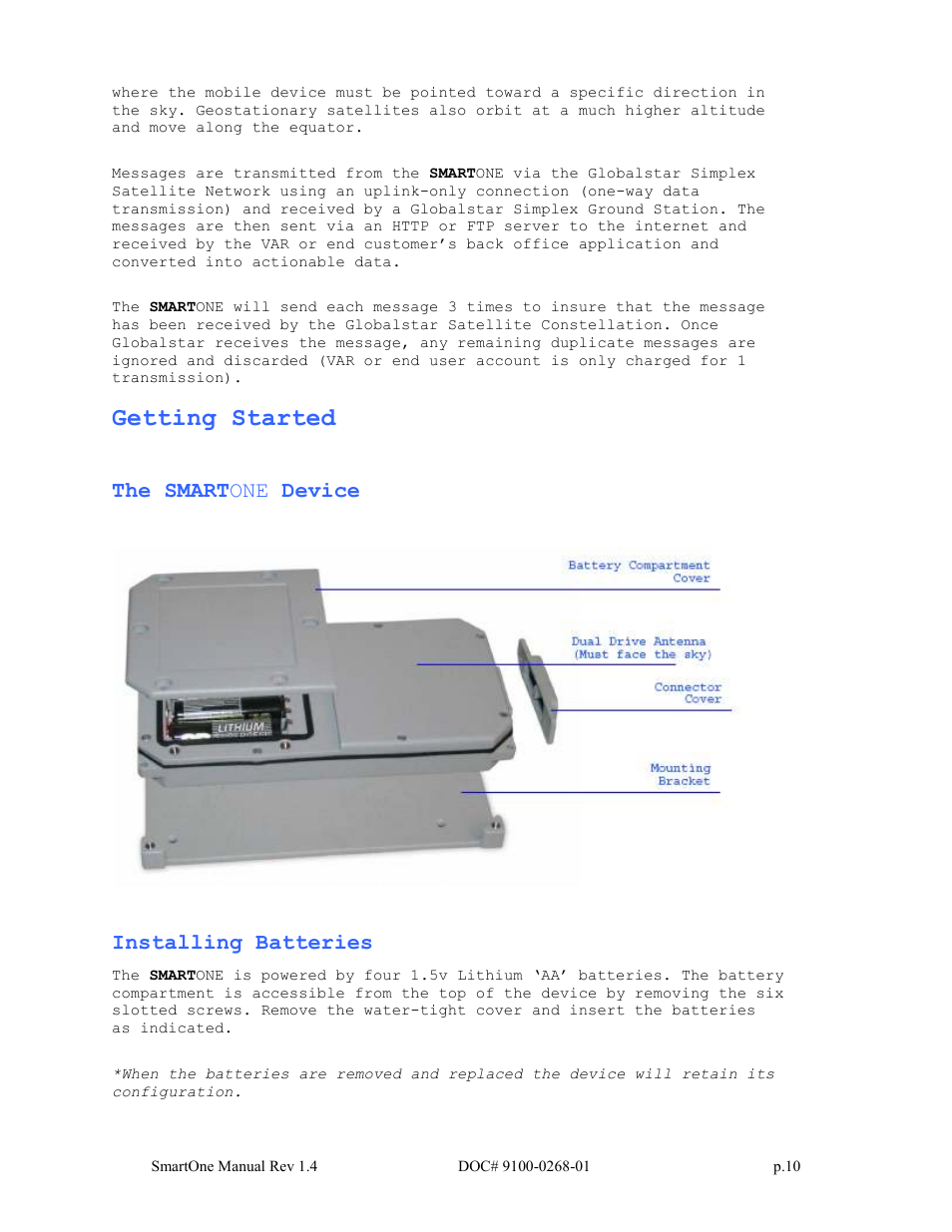 Getting started, The smart one device, Installing batteries | Globalstar SmartOne User Manual | Page 10 / 86