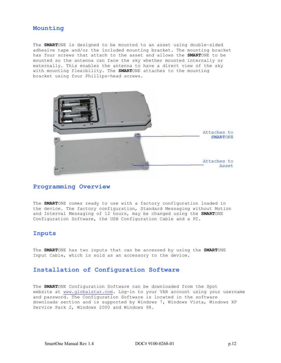 Mounting, Programming overview, Inputs | Installation of configuration software | Globalstar SmartOne User Manual | Page 12 / 86