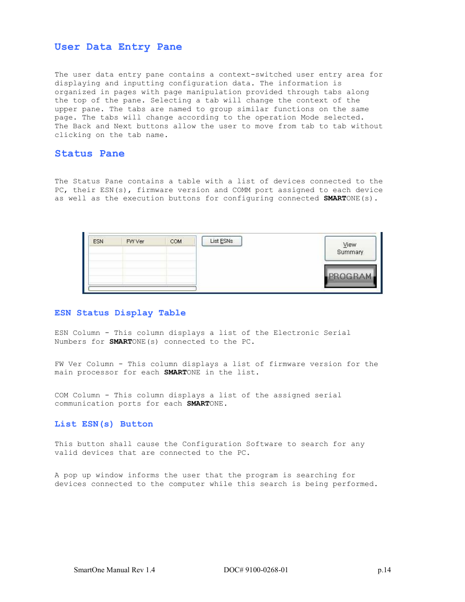 User data entry pane, Status pane | Globalstar SmartOne User Manual | Page 14 / 86