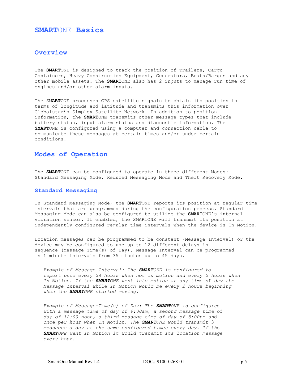 Smart one basics, Overview, Modes of operation | Globalstar SmartOne User Manual | Page 5 / 86