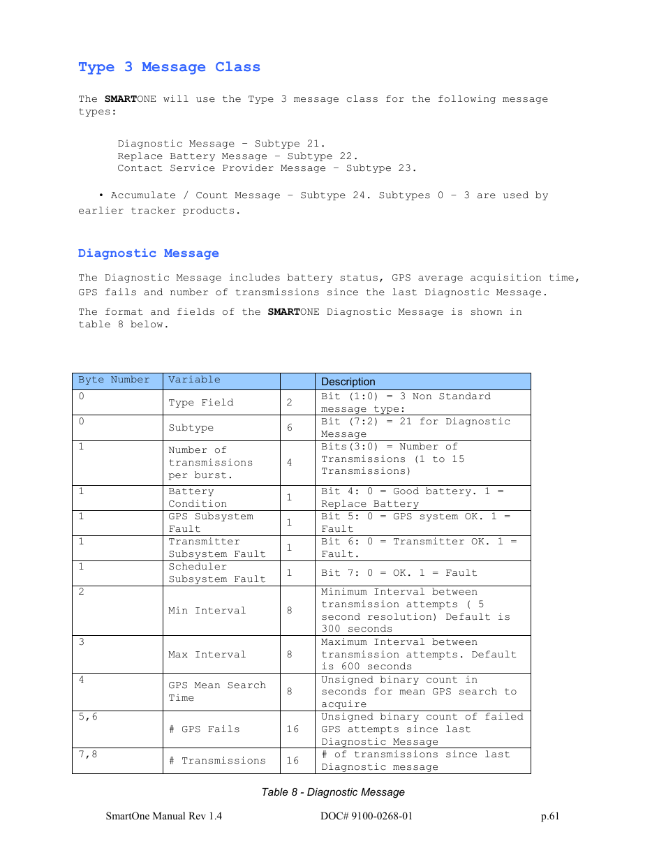 Type 3 message class | Globalstar SmartOne User Manual | Page 61 / 86