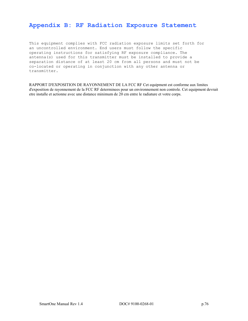 Appendix b: rf radiation exposure statement | Globalstar SmartOne User Manual | Page 76 / 86