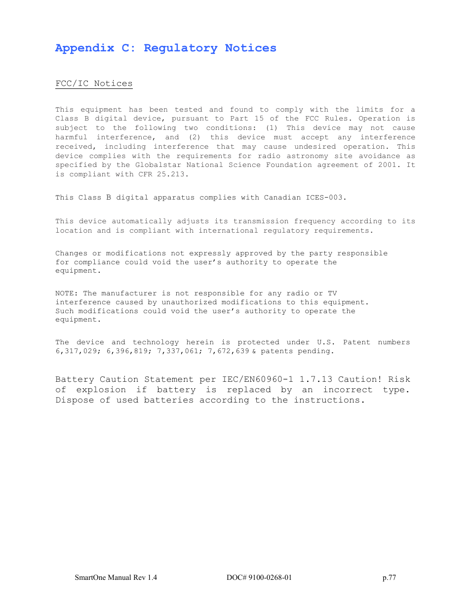 Appendix c: regulatory notices | Globalstar SmartOne User Manual | Page 77 / 86