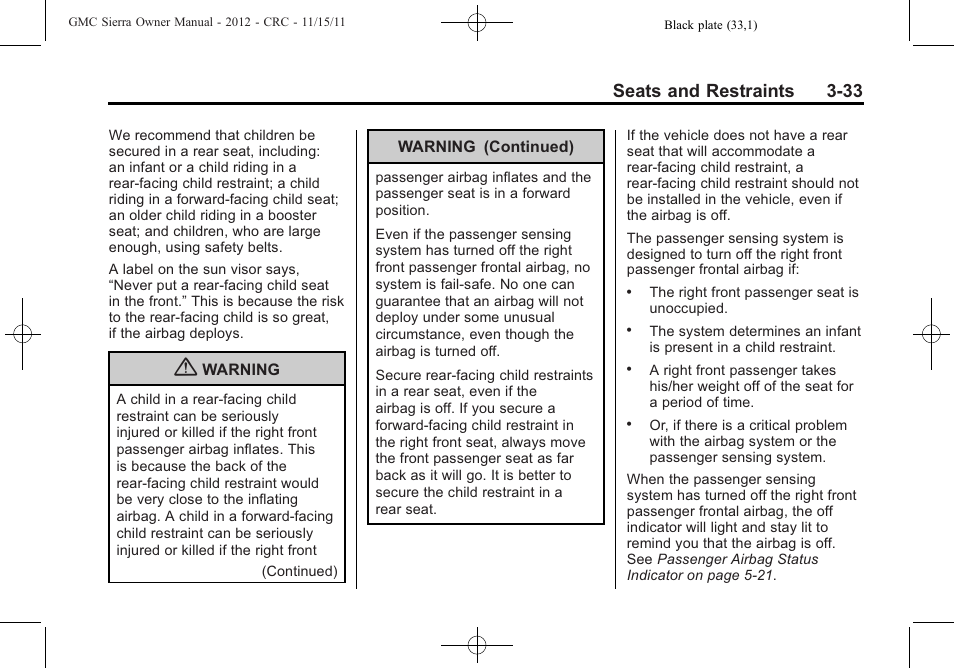 Seats and restraints 3-33 | GMC 2012 Sierra User Manual | Page 101 / 556