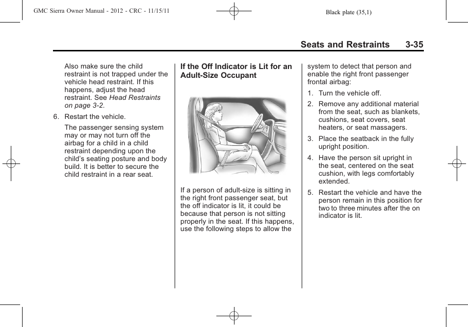 Seats and restraints 3-35 | GMC 2012 Sierra User Manual | Page 103 / 556