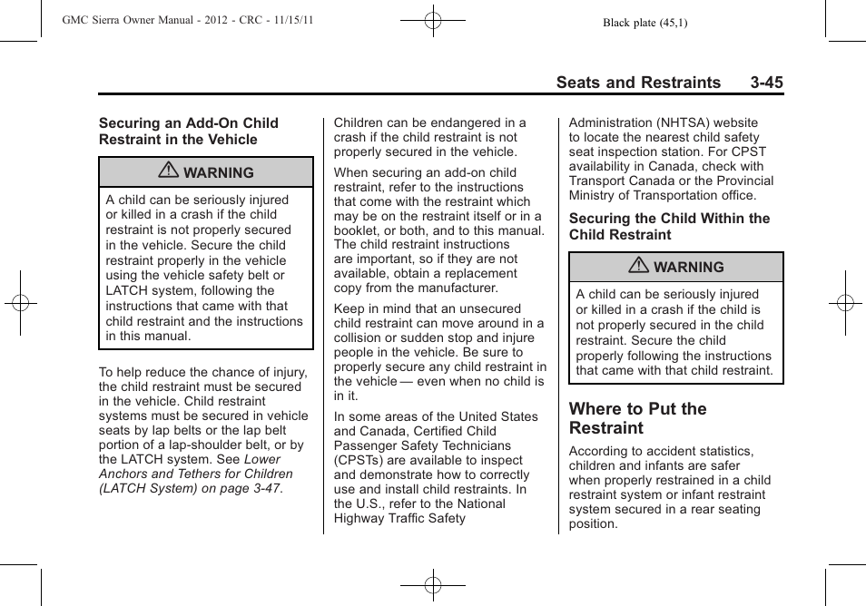 Where to put the restraint, Where to put the restraint -45 | GMC 2012 Sierra User Manual | Page 113 / 556