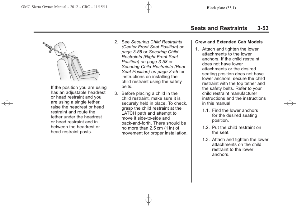 Seats and restraints 3-53 | GMC 2012 Sierra User Manual | Page 121 / 556