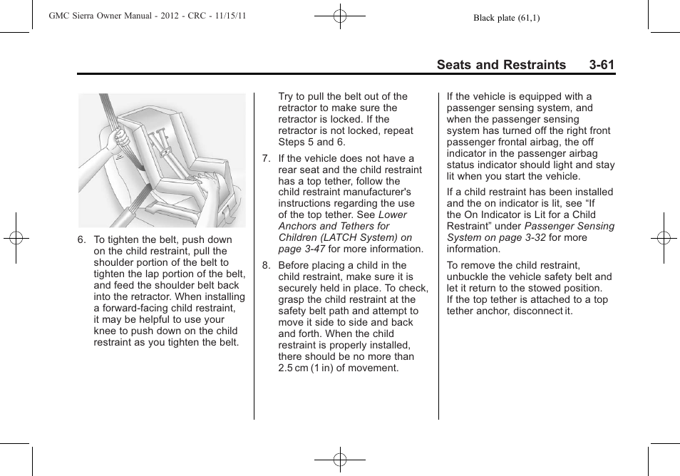 Seats and restraints 3-61 | GMC 2012 Sierra User Manual | Page 129 / 556