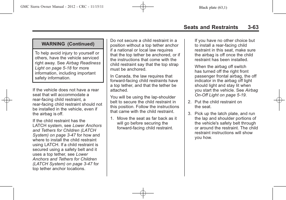 Seats and restraints 3-63 | GMC 2012 Sierra User Manual | Page 131 / 556