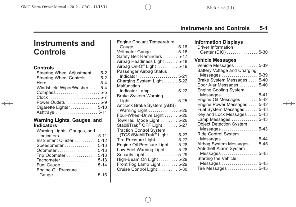 Instruments and controls, Instruments and controls -1, Instruments and controls 5-1 | GMC 2012 Sierra User Manual | Page 139 / 556