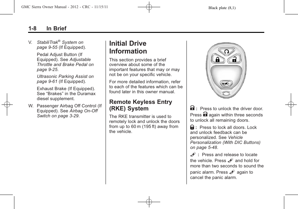 Initial drive information, Remote keyless entry (rke) system, Initial drive information -8 | Child restraints -39, Radio, System -8 | GMC 2012 Sierra User Manual | Page 14 / 556