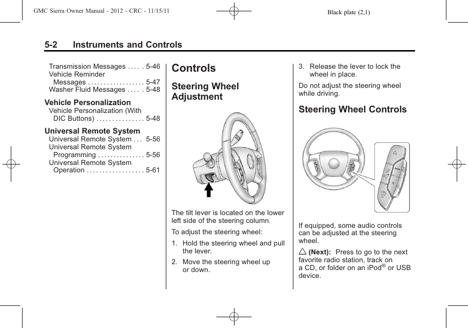 Controls, Steering wheel adjustment, Steering wheel controls | Controls -2, Agreements, Steering wheel controls on, Steering wheel adjustment on | GMC 2012 Sierra User Manual | Page 140 / 556