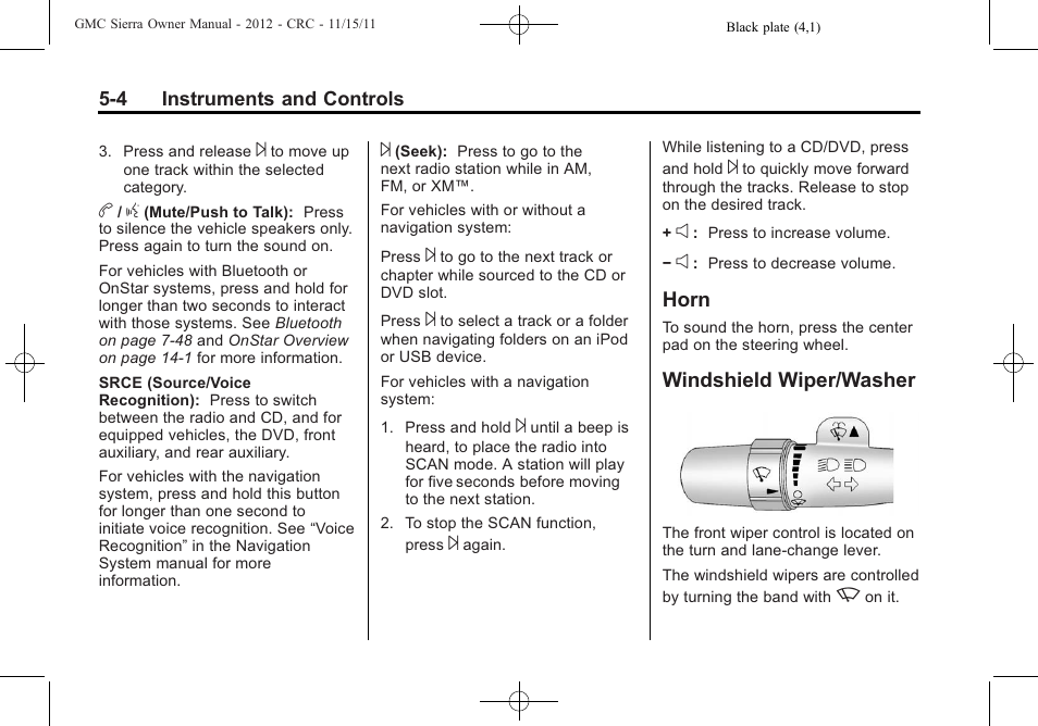 Horn, Windshield wiper/washer, Horn -4 windshield wiper/washer -4 | GMC 2012 Sierra User Manual | Page 142 / 556