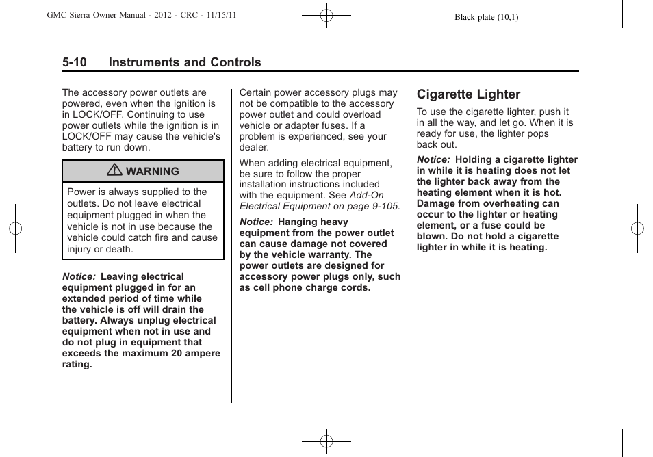 Cigarette lighter, Cigarette lighter -10 | GMC 2012 Sierra User Manual | Page 148 / 556