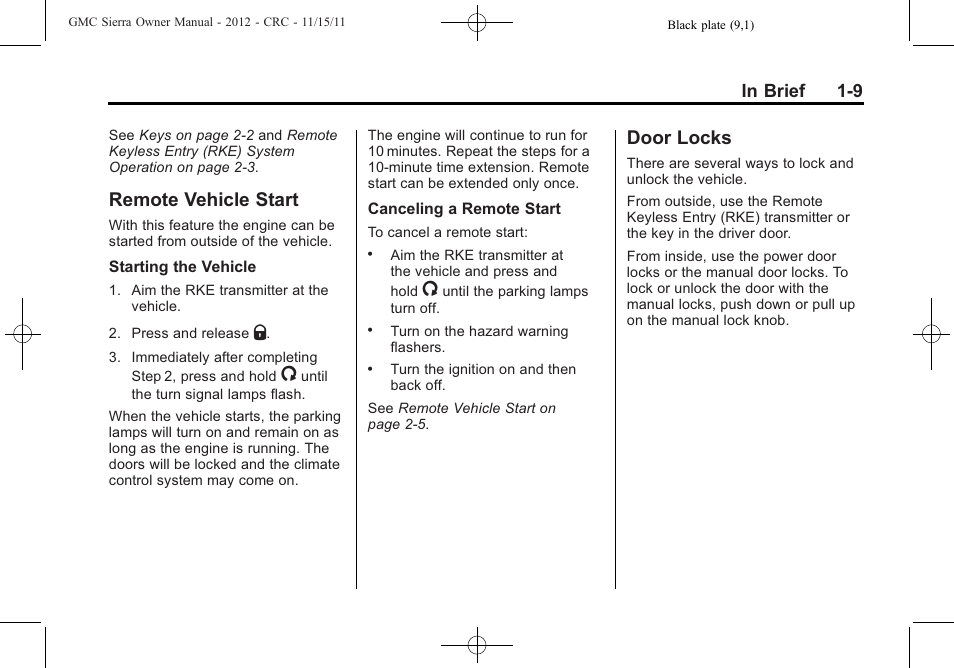 Remote vehicle start, Door locks, Remote vehicle start -9 door locks -9 | Four-wheel | GMC 2012 Sierra User Manual | Page 15 / 556