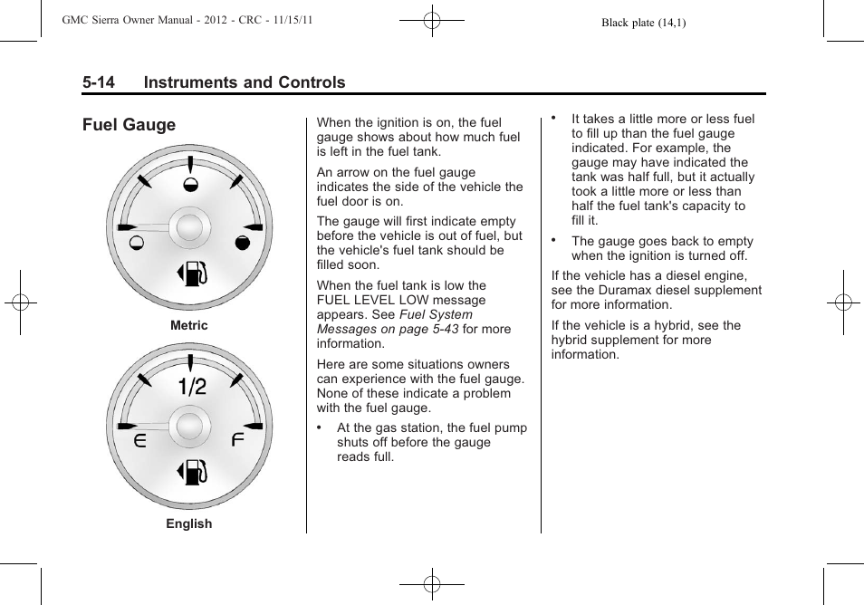 Fuel gauge, Fuel gauge -14, 14 instruments and controls | GMC 2012 Sierra User Manual | Page 152 / 556