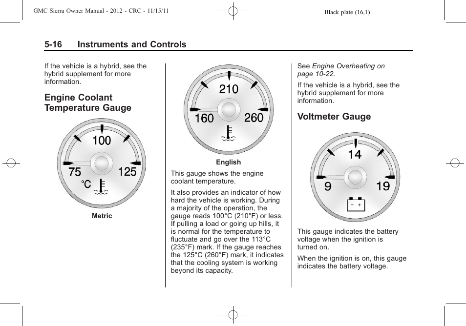 Engine coolant temperature gauge, Voltmeter gauge, Engine coolant temperature | Gauge -16, Voltmeter gauge -16 | GMC 2012 Sierra User Manual | Page 154 / 556