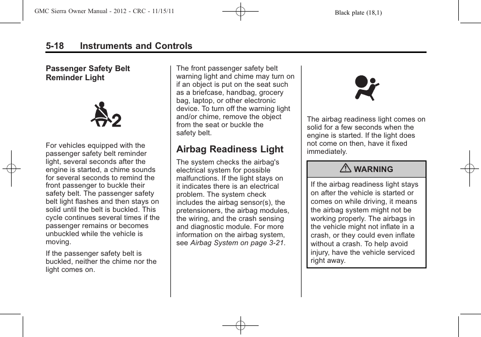Airbag readiness light, Airbag readiness light -18 | GMC 2012 Sierra User Manual | Page 156 / 556