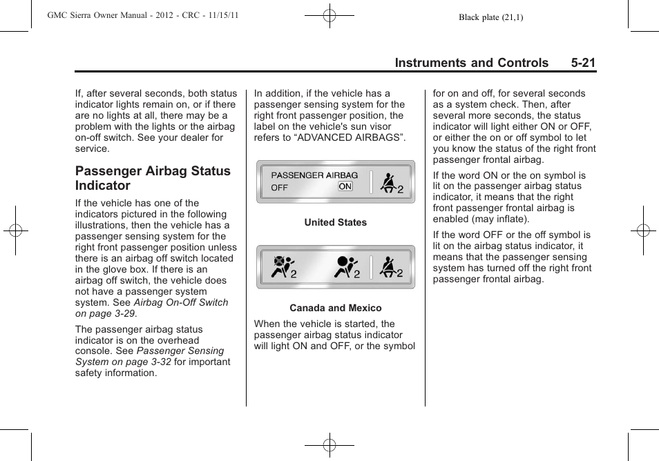 Passenger airbag status indicator, Passenger airbag status, Indicator -21 | GMC 2012 Sierra User Manual | Page 159 / 556