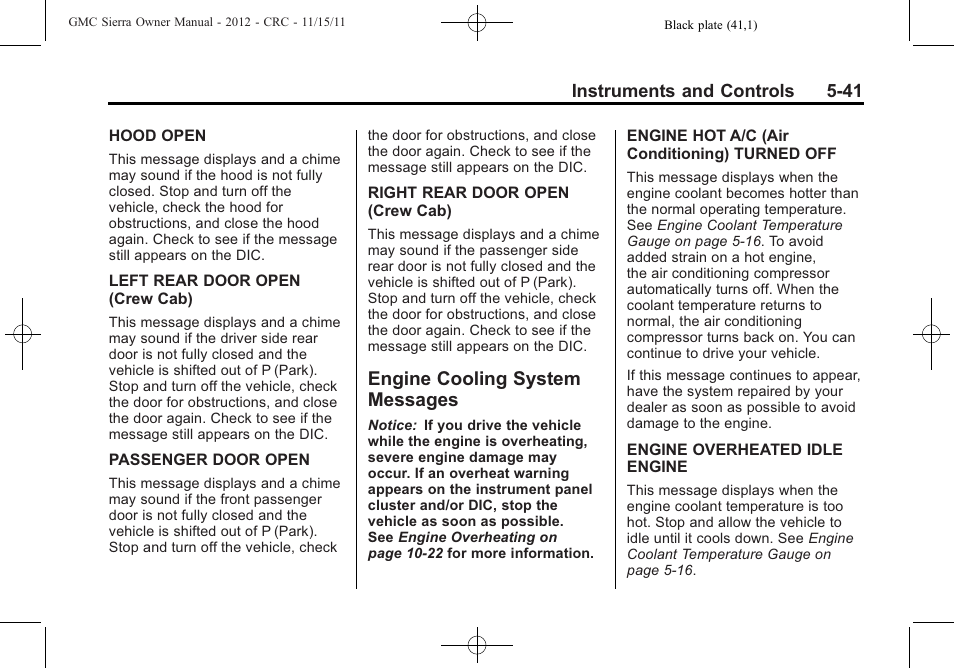 Engine cooling system messages, Engine cooling system, Messages -41 | GMC 2012 Sierra User Manual | Page 179 / 556