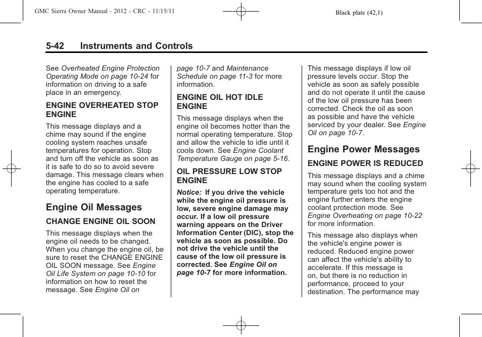 Engine oil messages, Engine power messages, Engine oil messages -42 engine power messages -42 | GMC 2012 Sierra User Manual | Page 180 / 556