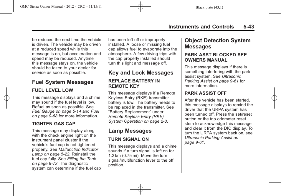 Fuel system messages, Key and lock messages, Lamp messages | Object detection system messages, Messages -43 | GMC 2012 Sierra User Manual | Page 181 / 556