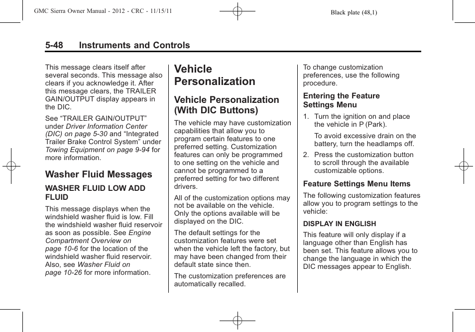 Washer fluid messages, Vehicle personalization, Vehicle personalization (with dic buttons) | Vehicle personalization -48, Driving, Washer fluid messages -48, Vehicle personalization (with, Dic buttons) -48, Steering | GMC 2012 Sierra User Manual | Page 186 / 556