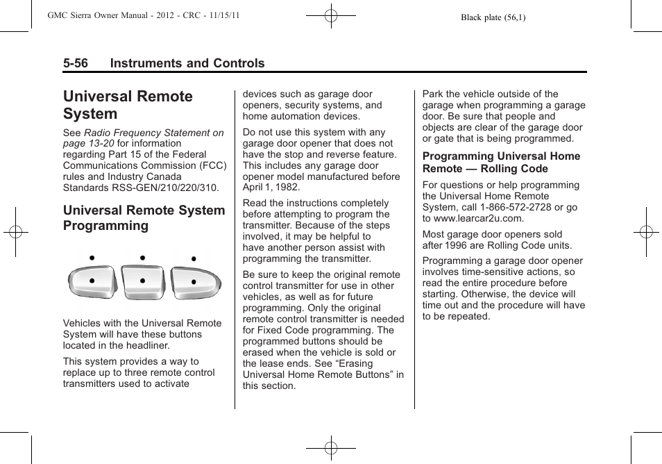Universal remote system, Universal remote system programming, Universal remote system -56 | Driving information, Programming -56 | GMC 2012 Sierra User Manual | Page 194 / 556