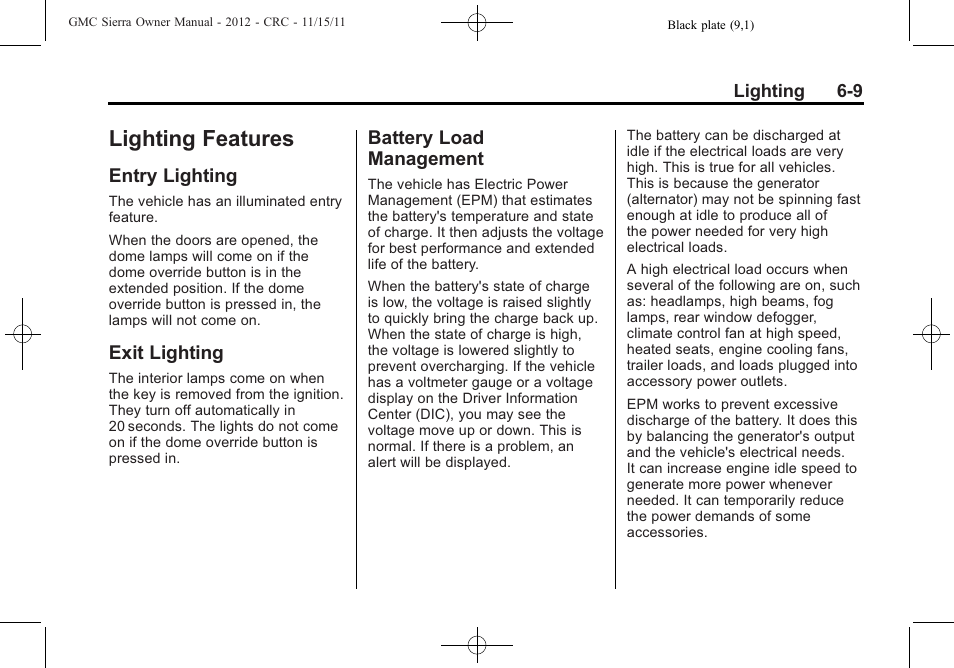 Lighting features, Entry lighting, Exit lighting | Battery load management, Lighting features -9, Brakes | GMC 2012 Sierra User Manual | Page 209 / 556