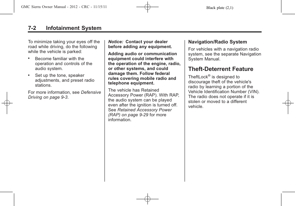 Theft-deterrent feature, Theft-deterrent feature -2, 2 infotainment system | GMC 2012 Sierra User Manual | Page 212 / 556