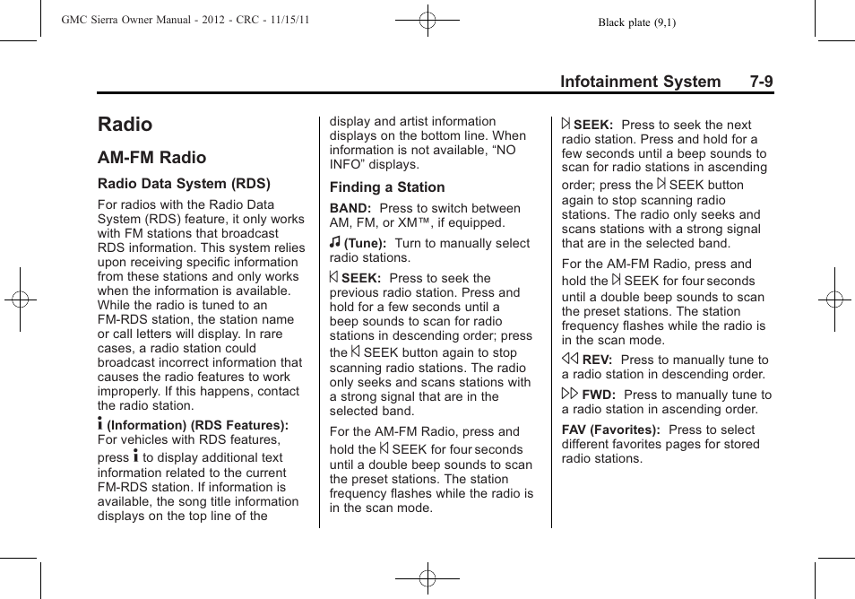 Radio, Am-fm radio, Am-fm radio -9 | Trademarks | GMC 2012 Sierra User Manual | Page 219 / 556