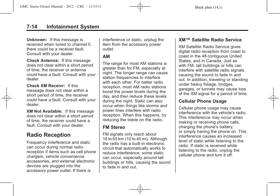 Radio reception, Radio reception -14 | GMC 2012 Sierra User Manual | Page 224 / 556