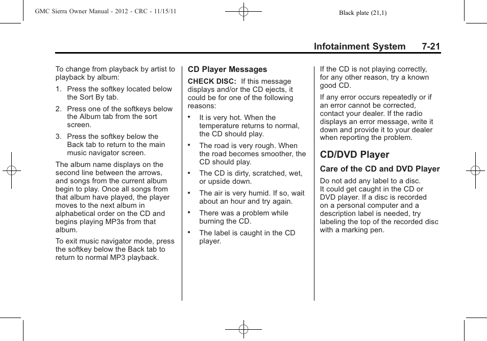 Cd/dvd player, Cd/dvd player -21, Infotainment system 7-21 | GMC 2012 Sierra User Manual | Page 231 / 556