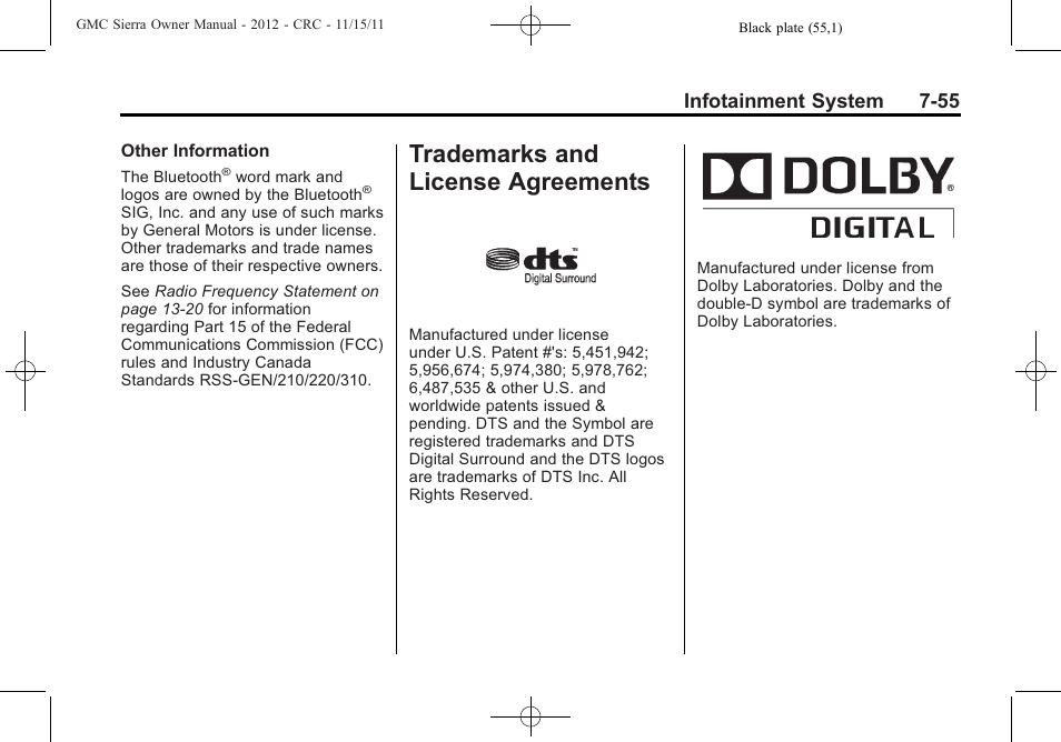 Trademarks and license agreements, Trademarks and license, And license | Infotainment system 7-55 | GMC 2012 Sierra User Manual | Page 265 / 556