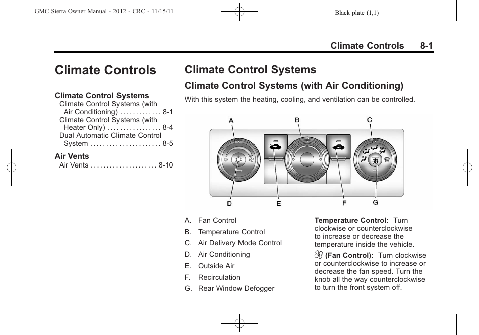Climate controls, Climate control systems, Climate control systems (with air conditioning) | Climate controls -1, Climate control systems -1, Climate control systems (with | GMC 2012 Sierra User Manual | Page 267 / 556
