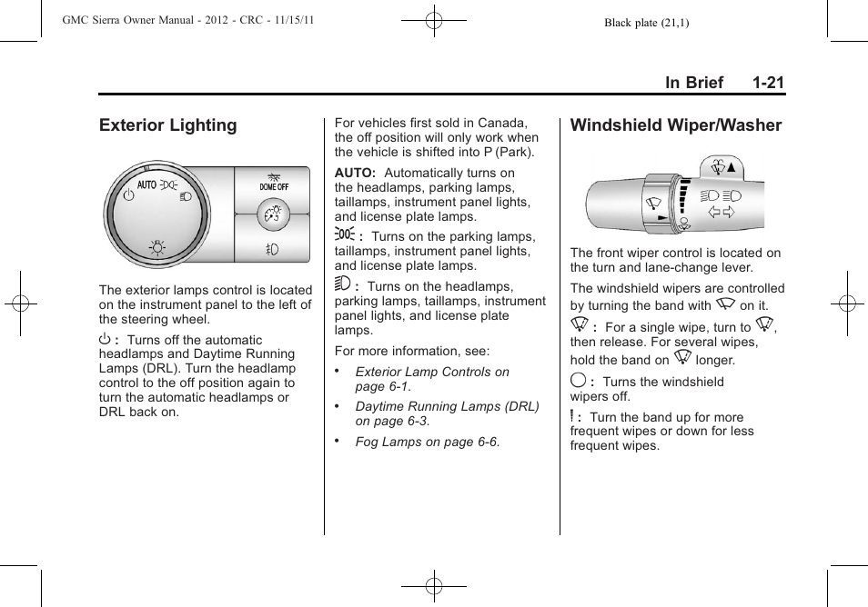 Exterior lighting, Windshield wiper/washer, Exterior lighting -21 windshield wiper/washer -21 | GMC 2012 Sierra User Manual | Page 27 / 556