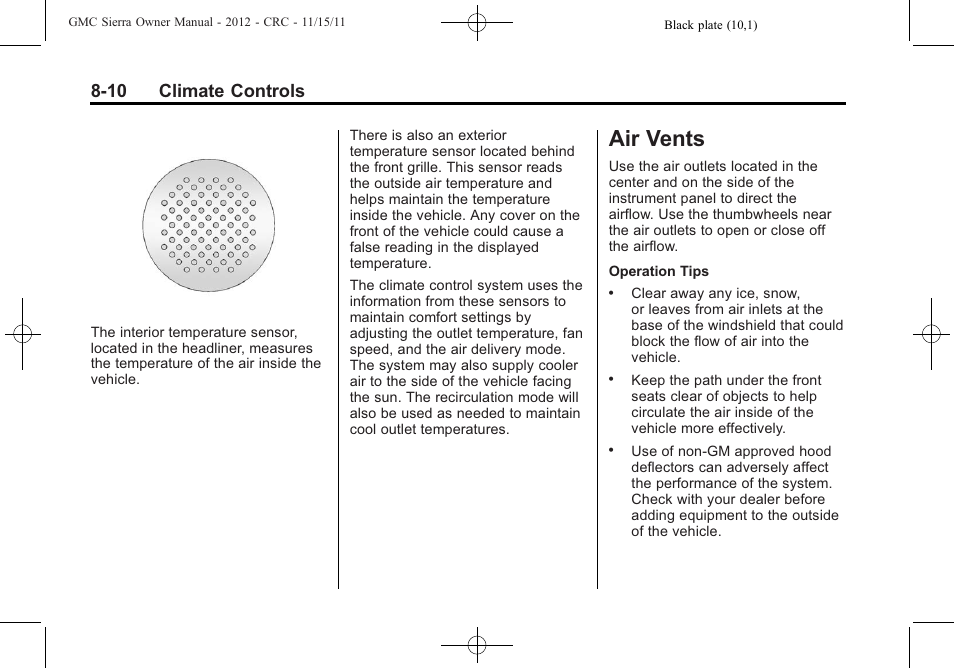 Air vents, Air vents -10, 10 climate controls | GMC 2012 Sierra User Manual | Page 276 / 556
