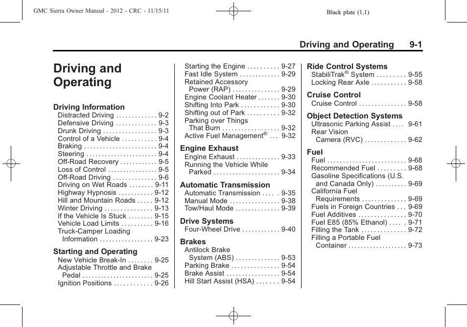 Driving and operating, And operating -1, Driving and operating 9-1 | GMC 2012 Sierra User Manual | Page 277 / 556