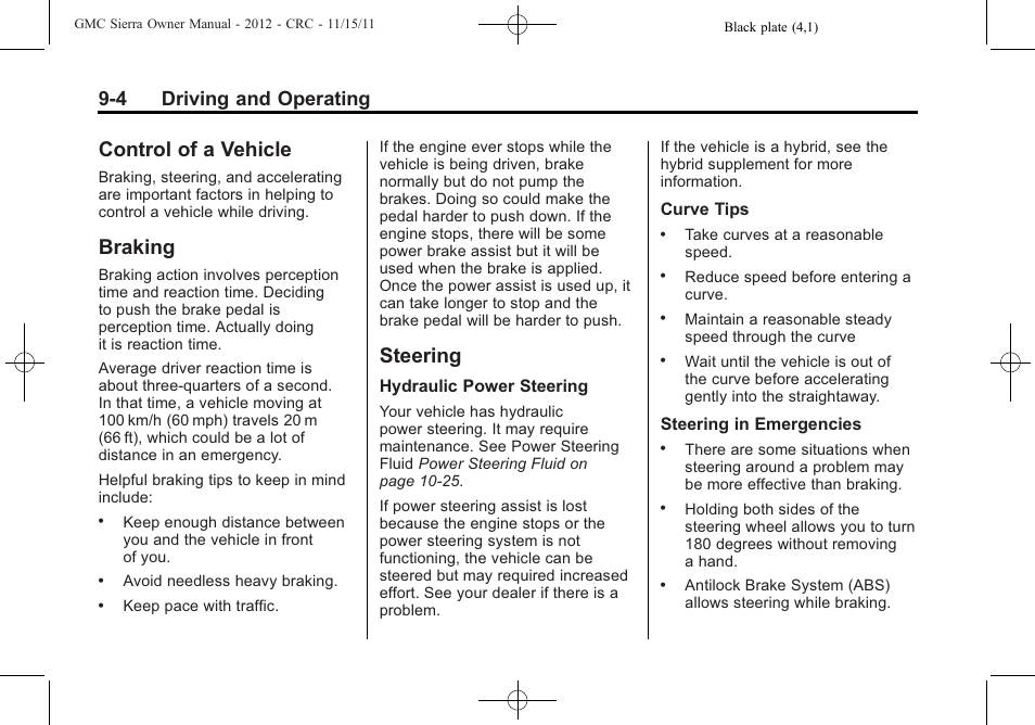 Control of a vehicle, Braking, Steering | Control of a vehicle -4 braking -4 steering -4, Engine, 4 driving and operating | GMC 2012 Sierra User Manual | Page 280 / 556