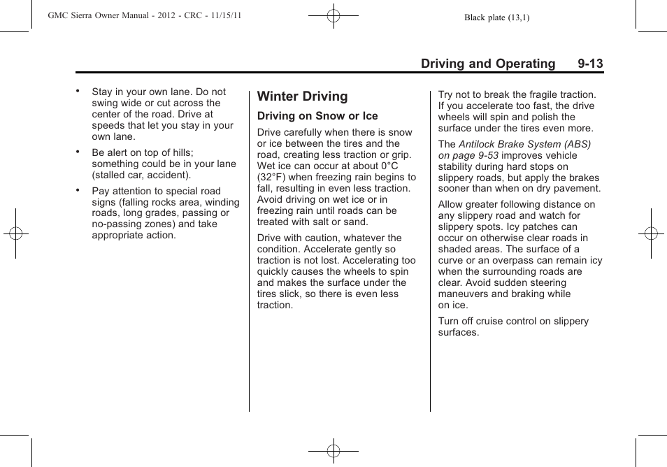 Winter driving, Winter driving -13, Driving and operating 9-13 | GMC 2012 Sierra User Manual | Page 289 / 556