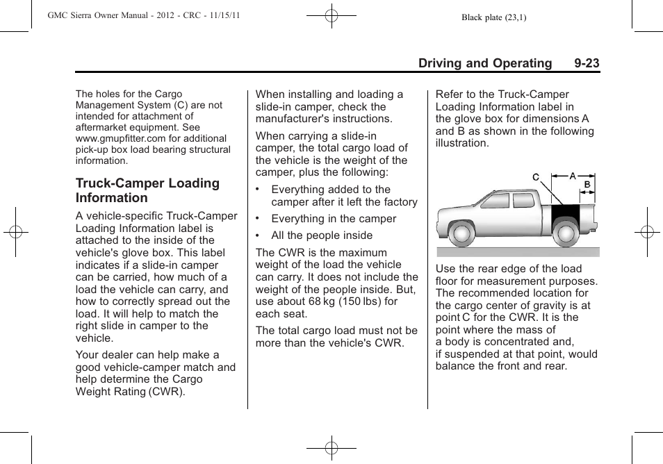 Truck-camper loading information, Truck-camper loading, Information -23 | Driving and operating 9-23 | GMC 2012 Sierra User Manual | Page 299 / 556