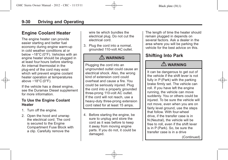 Engine coolant heater, Shifting into park, Engine coolant heater -30 shifting into park -30 | Cruise | GMC 2012 Sierra User Manual | Page 306 / 556