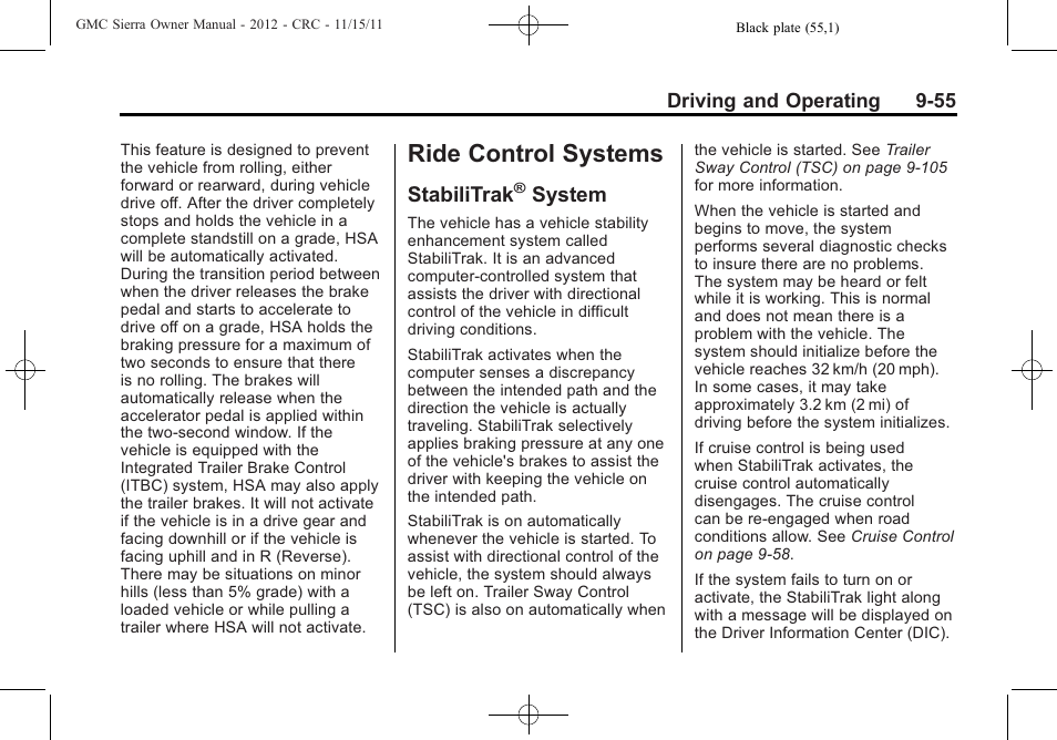 Ride control systems, Stabilitrak® system, Ride control systems -55 | Service, Stabilitrak, System on, System -55, System | GMC 2012 Sierra User Manual | Page 331 / 556