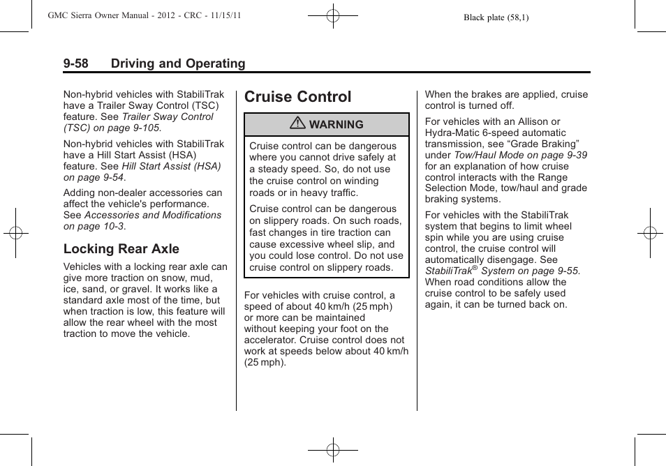 Locking rear axle, Cruise control, Cruise control -58 | Locking rear axle -58, Control -58 | GMC 2012 Sierra User Manual | Page 334 / 556