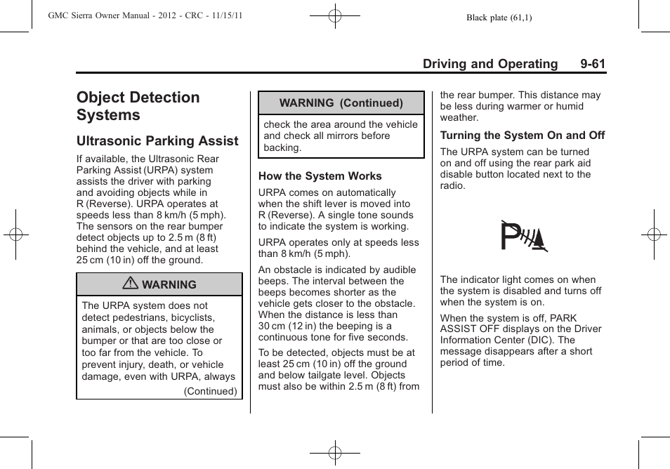 Object detection systems, Ultrasonic parking assist, Object detection systems -61 | Maintenance schedule, Ultrasonic parking assist -61 | GMC 2012 Sierra User Manual | Page 337 / 556