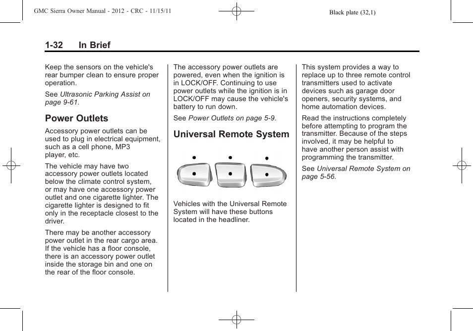 Power outlets, Universal remote system, Power outlets -32 universal remote system -32 | GMC 2012 Sierra User Manual | Page 38 / 556